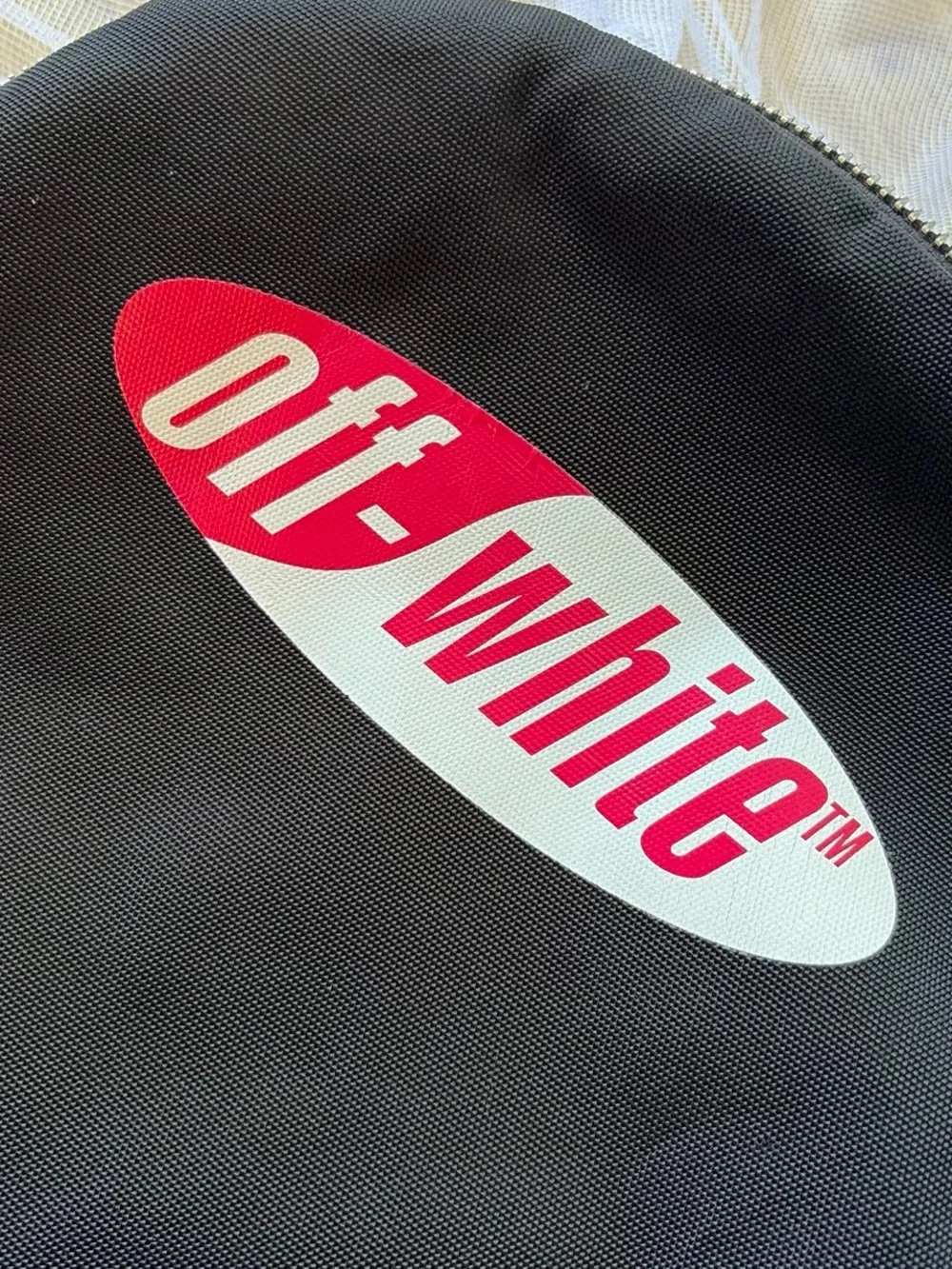 Off-White Black Backpack with Red and White Logo Patch